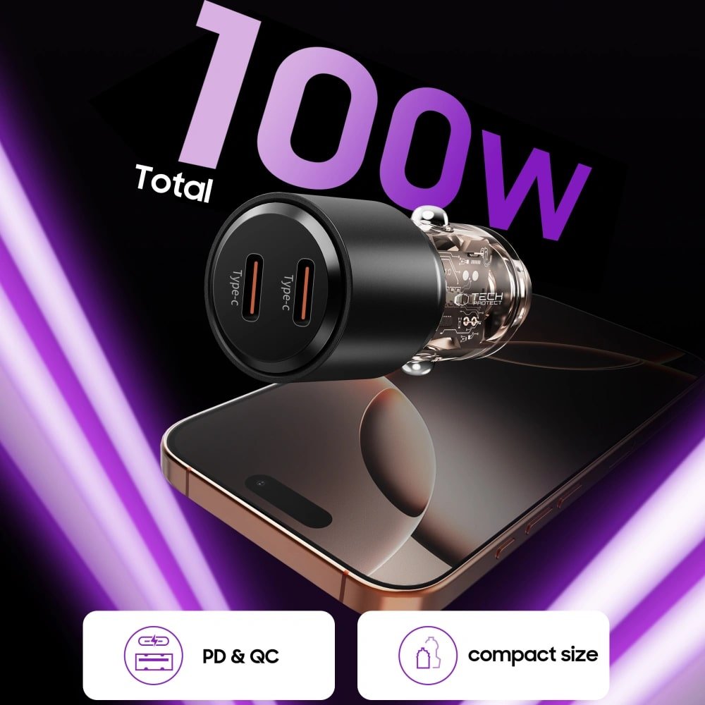 Tech - Protect CC03 PD100W Φορτιστής Αυτοκινήτου Γρήγορης Φόρτισης με 2 Θύρες Type - C - Black