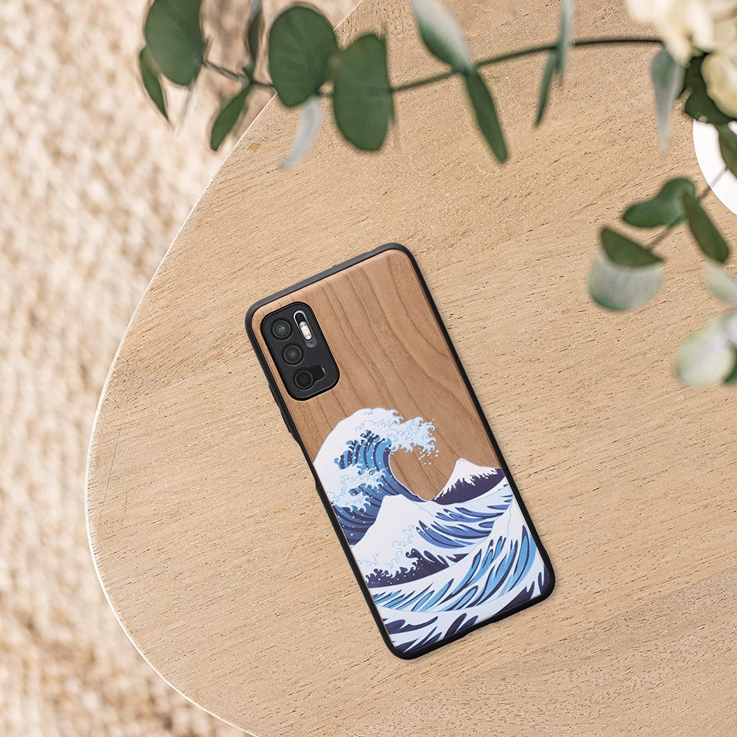KW Xiaomi Redmi Note 10 5G Θήκη από Φυσικό Ξύλο - Design The Great Wave - Blue / White / Brown - 56792.04