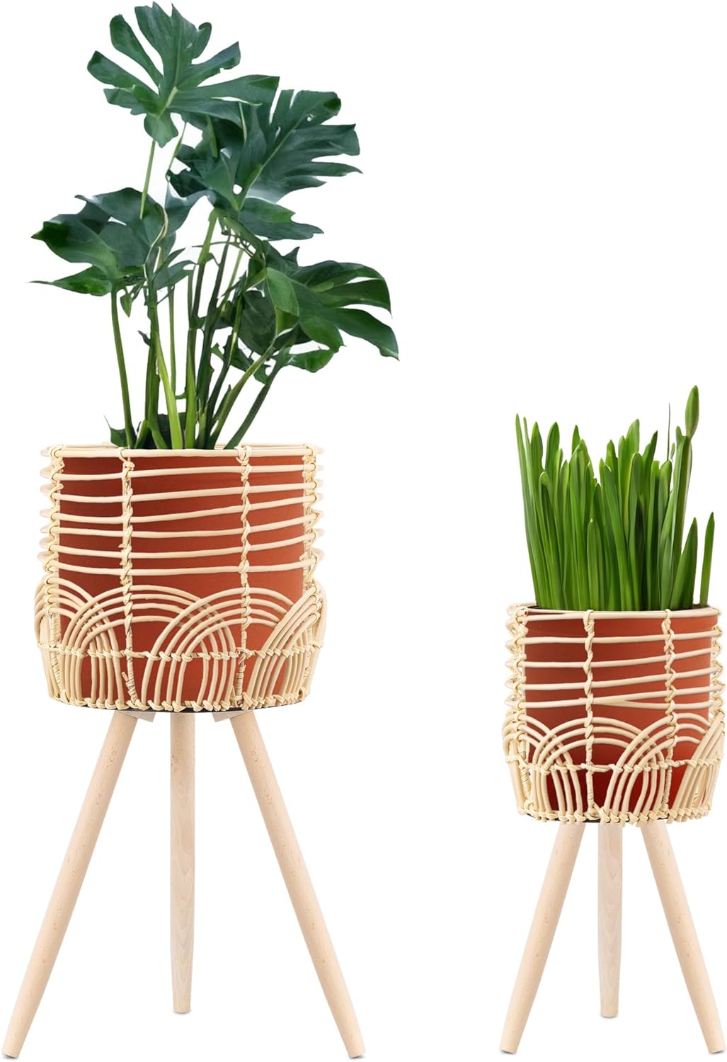 Navaris Σετ με 2 Rattan Κασπό με Ξύλινα Πόδια - Natural - 60955.01