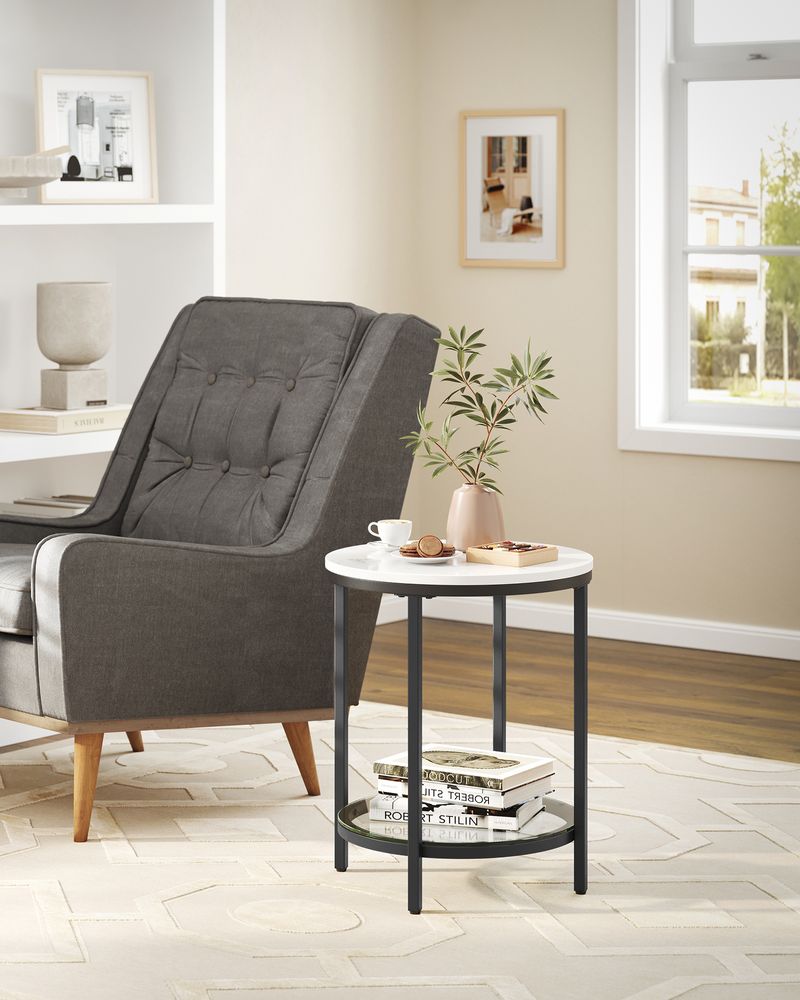 Vasagle Στρόγγυλο Βοηθητικό Τραπέζι 2 Επιπέδων - Marble White / Black - LET285B13