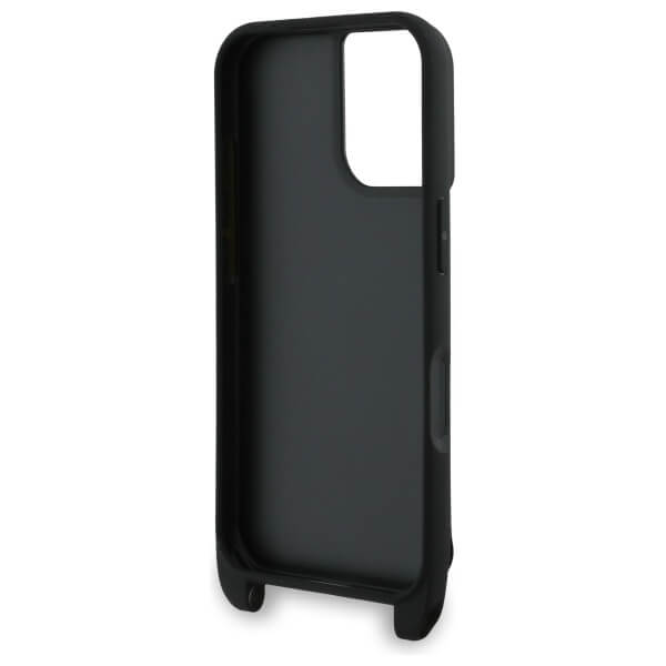 Karl Lagerfeld iPhone 16 - Saffiano Karl and Choupette Metal Pin CBDY Strap - Σκληρή Θήκη με Επένδυση Συνθετικού Δέρματος με Πλαίσιο Σιλικόνης και Λουράκι - Black - KLHCP16SSAKCPBK