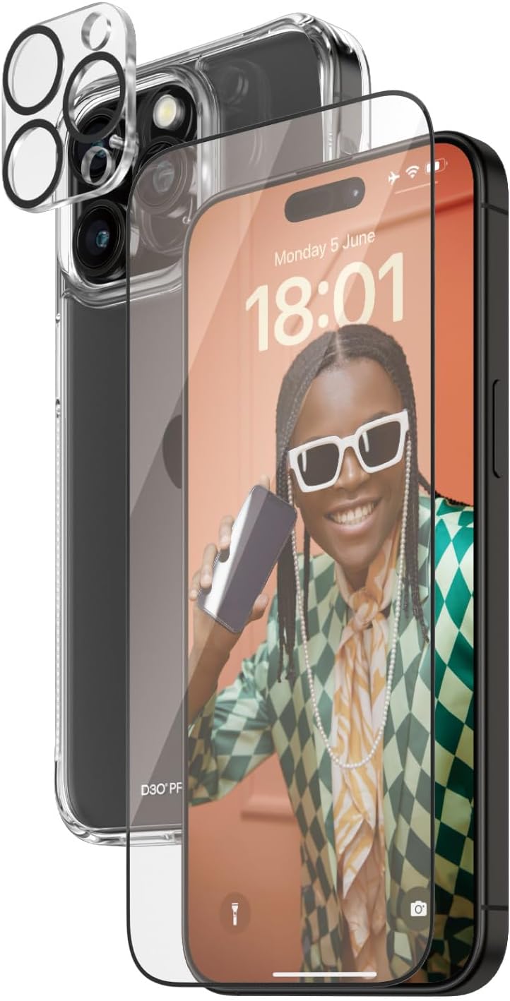 PanzerGlass iPhone 15 Pro Max - Σετ με 1 Αντιχαρακτικό Γυαλί Οθόνης Ultra - Wide Fit, 1 Αντιχαρακτικό Γυαλί για την Κάμερα και 1 Σκληρή Θήκη - Διάφανο