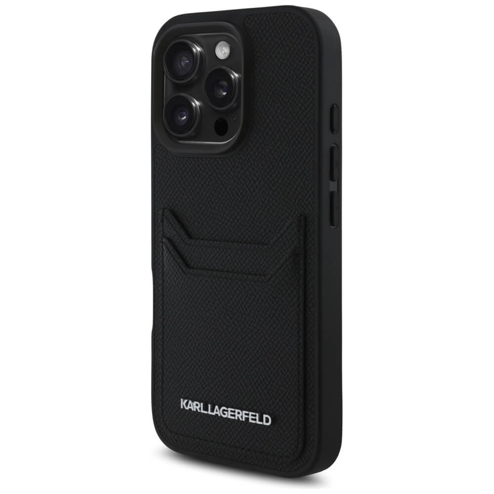 Karl Lagerfeld iPhone 16 Pro - HC Grained PU Cardslot Metal Elong - Σκληρή Θήκη με Επένδυση Συνθετικού Δέρματος και Υποδοχή για Κάρτες - Black - KLHCP16LPKHPORPK