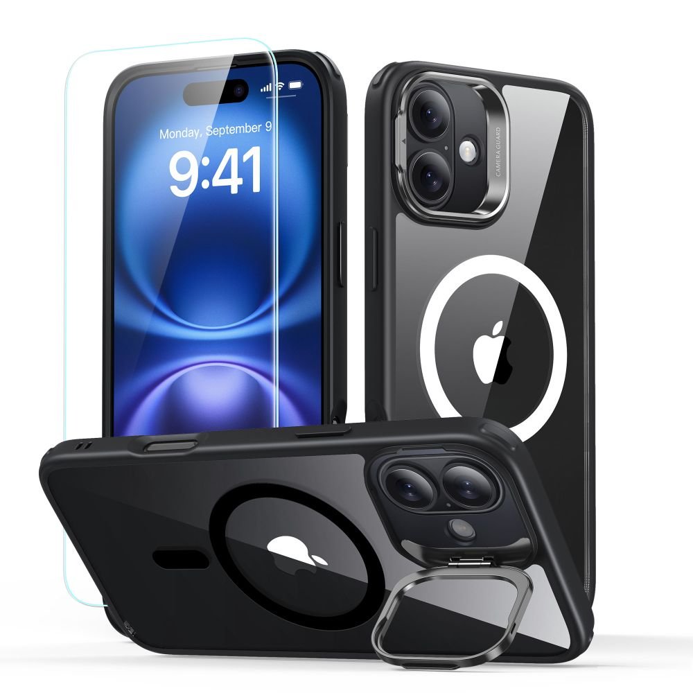 ESR iPhone 16 Classic Hybrid Kickstand Halolock MagSafe Σκληρή Θήκη με Πλαίσιο Σιλικόνης και Αντιχαρακτικό Γυαλί Οθόνης - Clear / Black