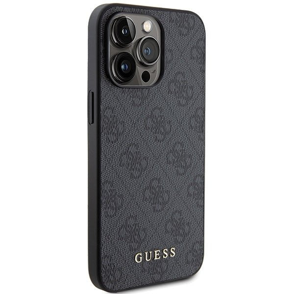 Guess iPhone 15 Pro Max - 4G Metal Gold Logo Σκληρή Θήκη με Επένδυση Συνθετικού Δέρματος - Grey - GUHCP15XG4GFGR
