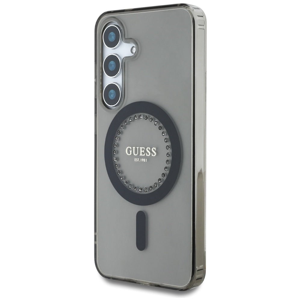 Guess Samsung Galaxy S25 - Rhinestones Printed Classic Logo - MagSafe Σκληρή Θήκη με Πλαίσιο Σιλικόνης - Black - GUHMS25SPFTDTEK