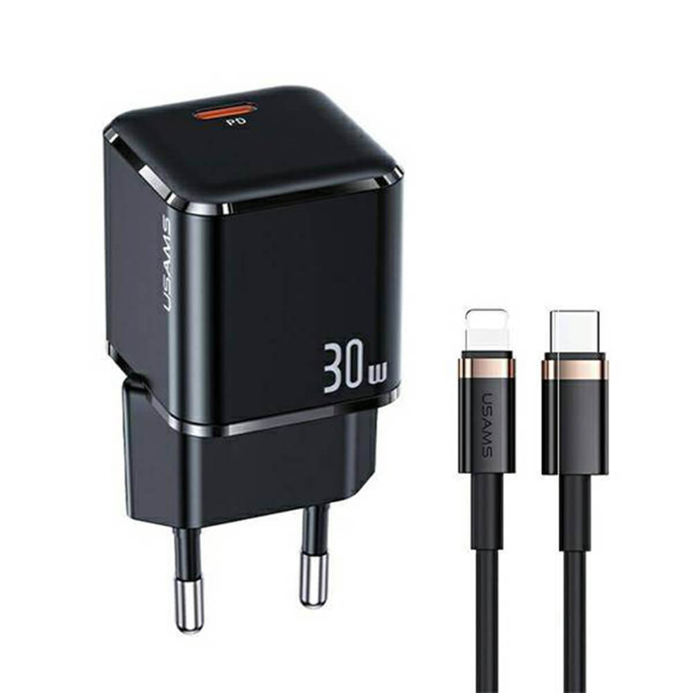 Usams Travel Charger Kit 30W Οικιακός Φορτιστής με Θύρα Type - C και καλώδιο Type - C to Lightning 20W - Black - UXTZH01