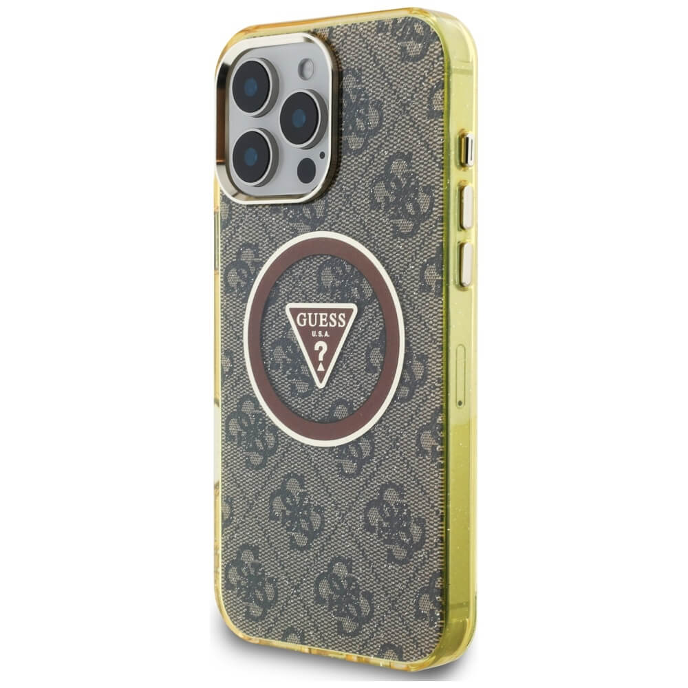 Guess iPhone 16 Pro Max - IML Metal Glitter 4G Circle Triangle MagSafe - Σκληρή Θήκη με Πλαίσιο Σιλικόνης και MagSafe - Brown - GUHMP16XHG4PRTGW