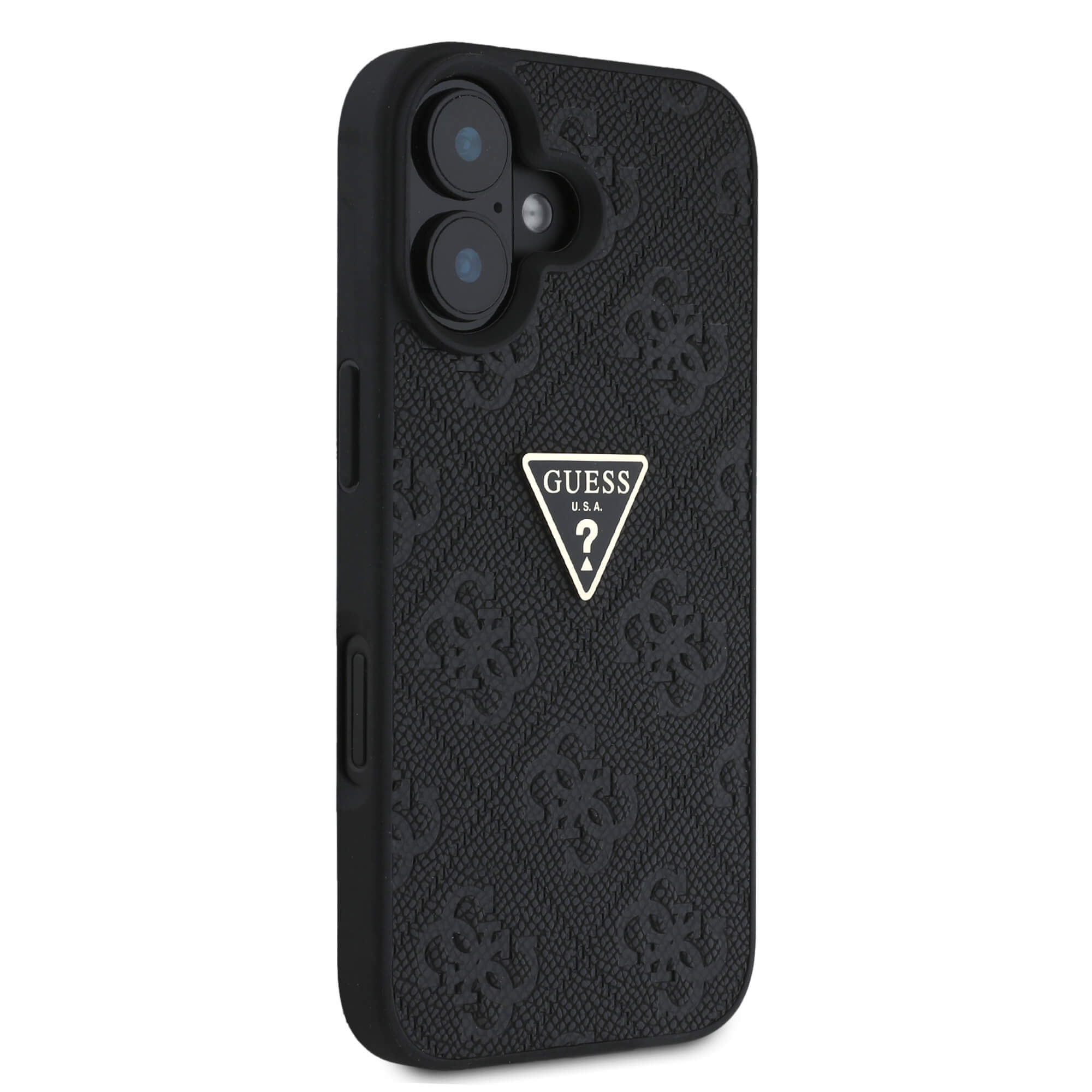 Guess iPhone 16 - Hot Stamp 4G Pattern Triangle Metal Logo - Θήκη με Επένδυση Συνθετικού Δέρματος και Πλαίσιο Σιλικόνης - Black - GUHCP16SPGP4STRK