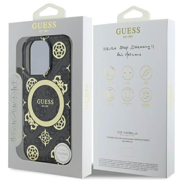 Guess iPhone 16 Pro Max - IML Peony On 4G Background MagSafe - Θήκη με Επένδυση Συνθετικού Δέρματος - Black - GUHMP16XH4PYEEK