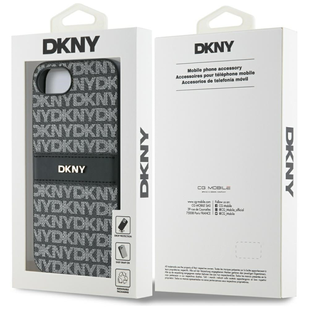 DKNY iPhone 16e - Repeat Texture Pattern with Tonal Stripe - Σκληρή Θήκη με Πλαίσιο Σιλικόνης και Επένδυση Συνθετικού Δέρματος - Black