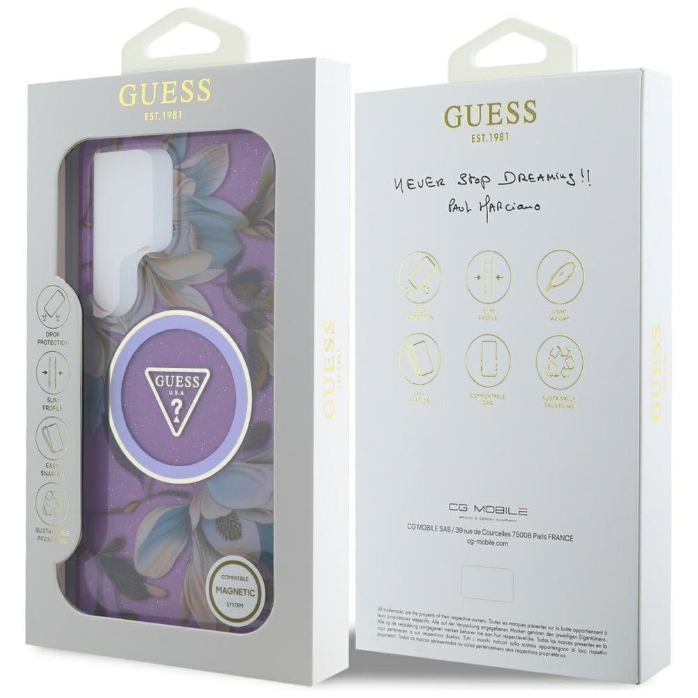Guess Samsung Galaxy S25 Ultra - Glitter Flowers Triangle Buttons MagSafe - Σκληρή Θήκη με Πλαίσιο Σιλικόνης - Purple - GUHMS25LHFLPEDU