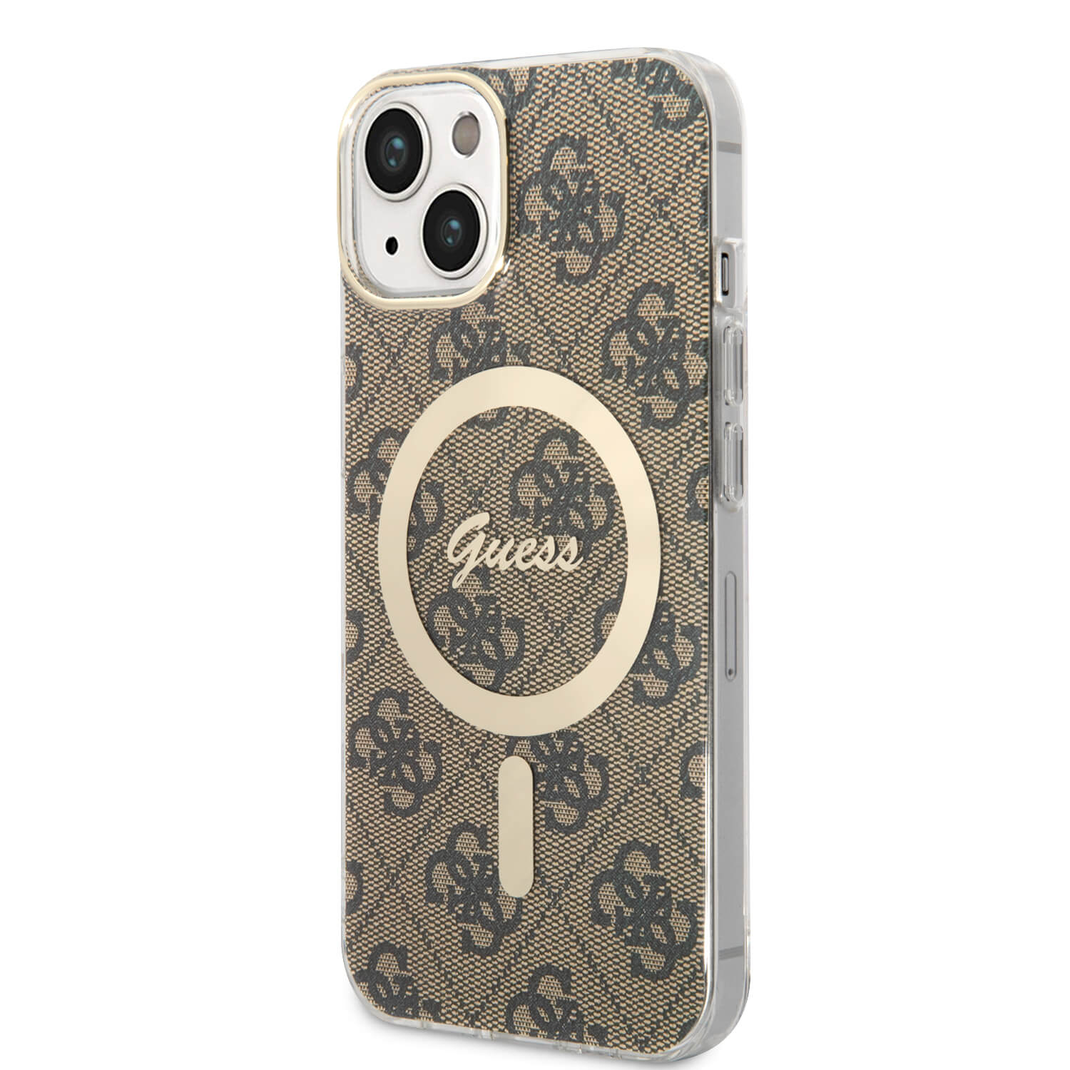 Guess iPhone 15 / 14 / 13 - Bundle Pack - Σετ Σκληρή Θήκη με Πλαίσιο Σιλικόνης και Ασύρματος Φορτιστής MagSafe - Design 4G Print MagSafe - Brown - GUBPP14SH4EACSW