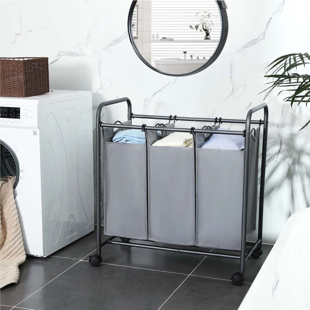 Songmics Υφασμάτινο Καλάθι Απλύτων με 3 Διαμερίσματα και Μεταλλικό Πλαίσιο - 132L - Grey - LSF003GS