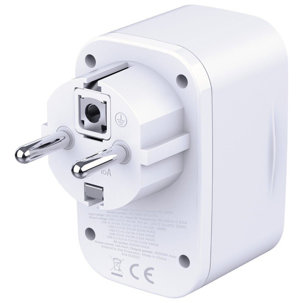 3MK Adapter Hyper Comfort 30W PD Οικιακός Φορτιστής Γρήγορης Φόρτισης με 1 Θύρα USB και 2 Θύρες Type - C και 1 Πρίζα Schuko - White