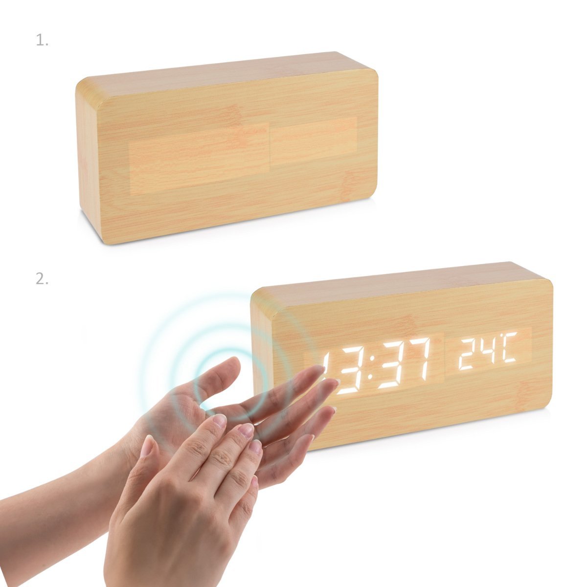 Kwmobile Digital Alarm LED Clock - Ψηφιακό Επιτραπέζιο Ρολόι και Ξυπνητήρι - Wooden Design - White LED - 38876