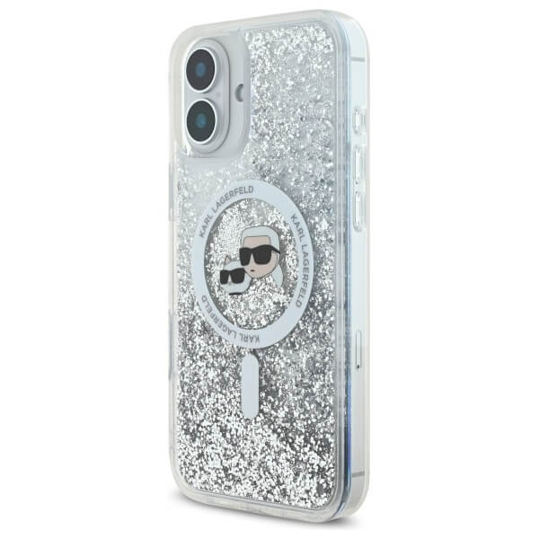 Karl Lagerfeld iPhone 16 - Liquid Glitter Karl and Choupette Head MagSafe Σκληρή Θήκη με Πλαίσιο Σιλικόνης - Διάφανη - KLHMP16SLGKCSGH