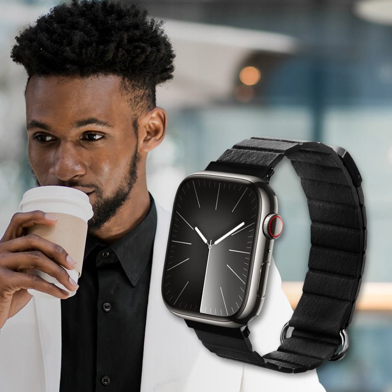 Crong Λουράκι Apple Watch 4/5/6/7/8/9/10/11 - SE (1/2/3) - ULTRA (1/2/3) - 44/45/46/49mm από Συνθετικό Δέρμα - Eclipse Magnetic - Black