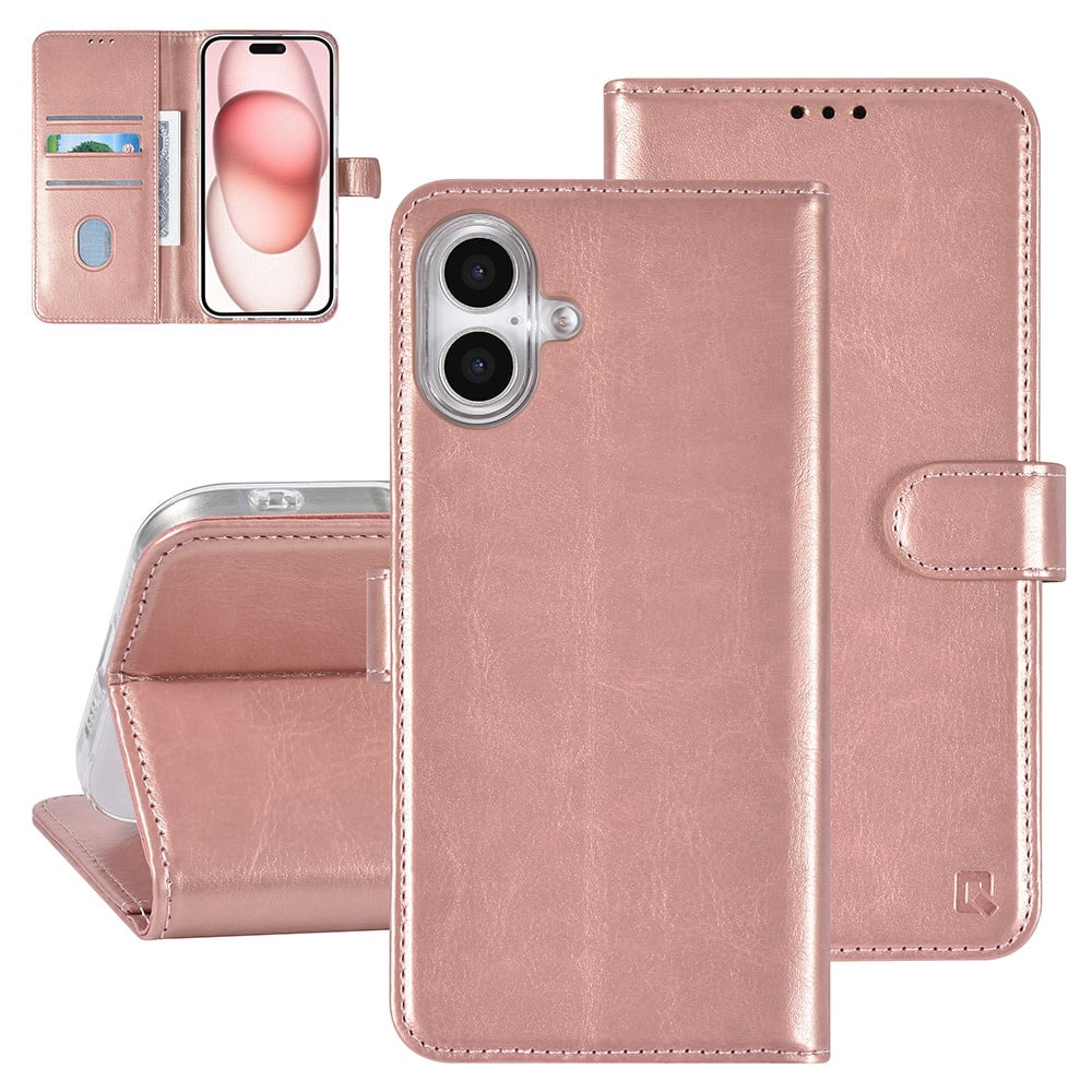 Tuniq iPhone 16 Plus - Θήκη Πορτοφόλι Stand από Δερματίνη - Rose Gold
