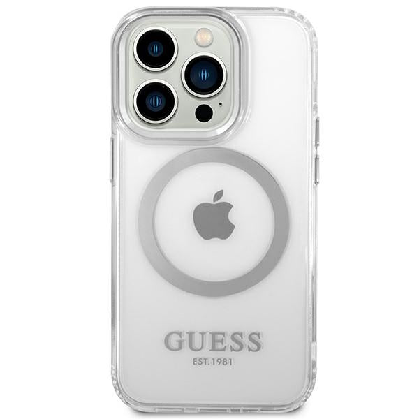 Guess iPhone 14 Pro Max Metal Outline MagSafe Σκληρή Θήκη με Πλαίσιο Σιλικόνης και MagSafe - Silver / Clear - GUHMP14XHTRMS