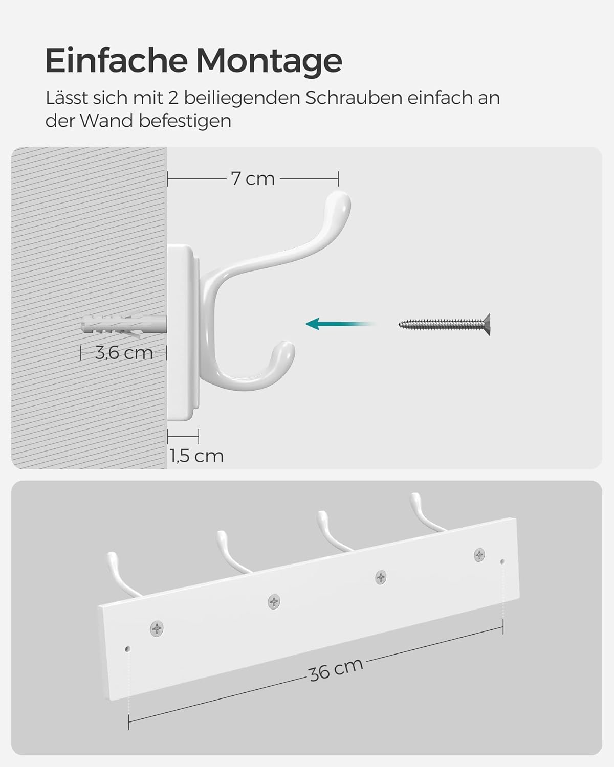 Songmics Επιτοίχια Ξύλινη Κρεμάστρα με 4 Μεταλλικούς Γάντζους - 40 x 9 x 7 cm - White - LHR23WT