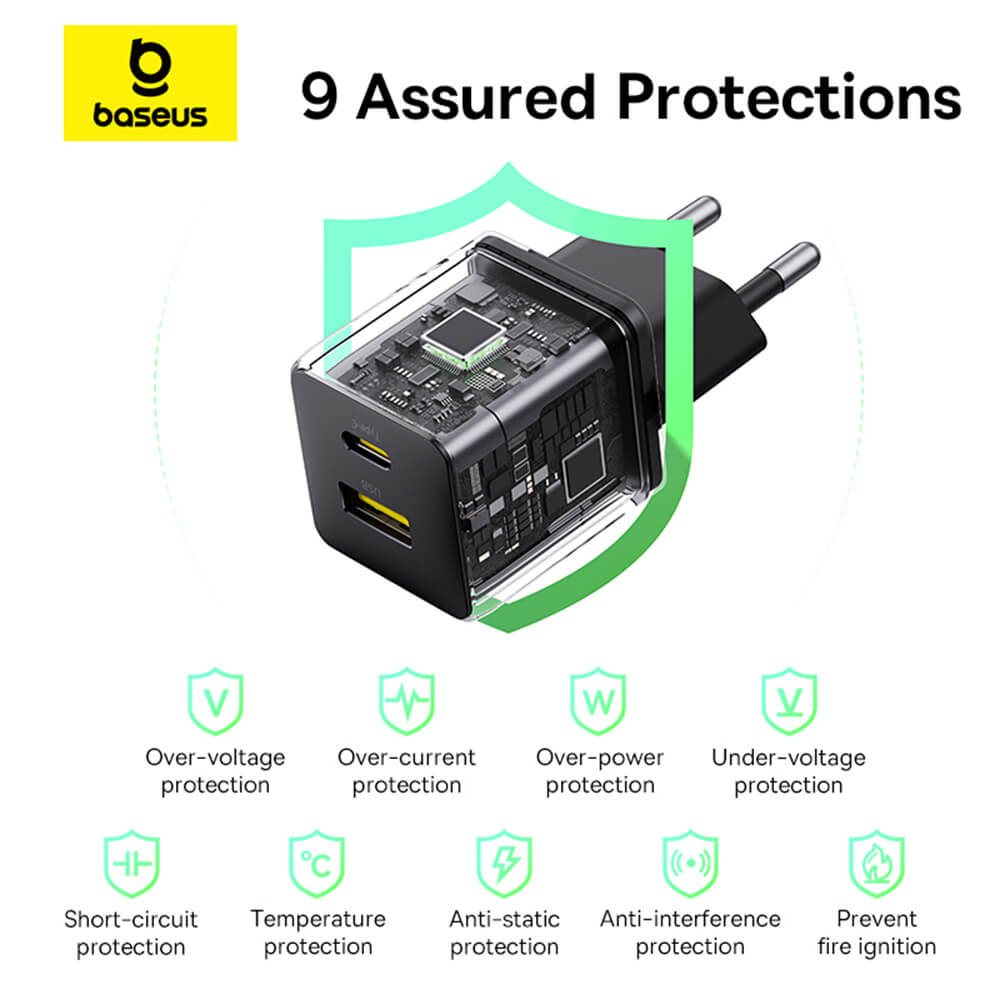 Baseus Palm Οικιακός Φορτιστής Γρήγορης Φόρτισης 30W με 1 Θύρα Type - C και 1 Θύρα USB - Cluster Black