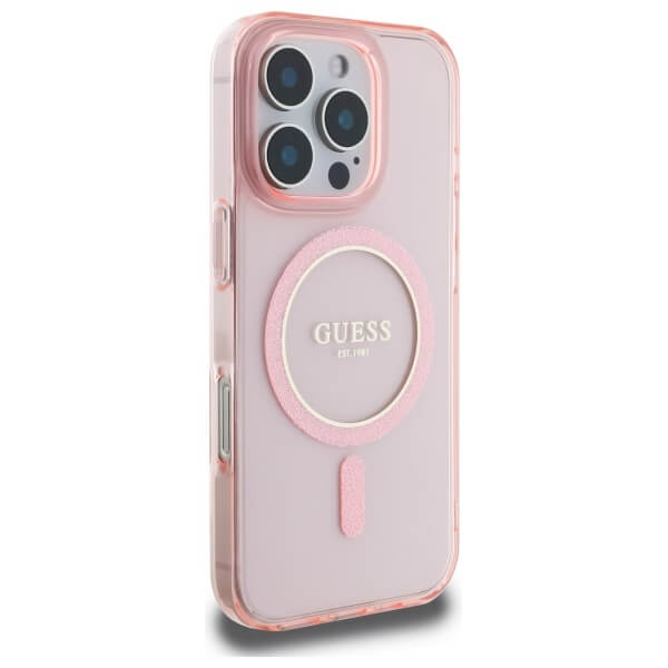 Guess iPhone 16 Pro Max - IML Glitter Circle - MagSafe Σκληρή Θήκη με Πλαίσιο Σιλικόνης - Pink - GUHMP16XHFGEREP