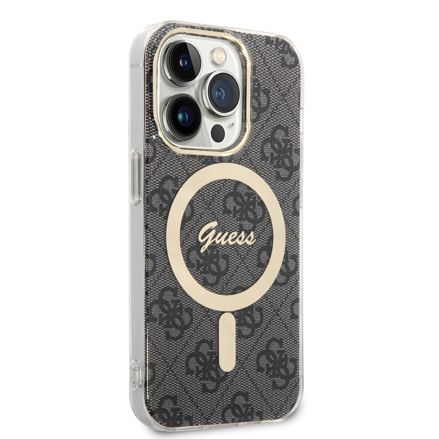Guess iPhone 14 Pro - Bundle Pack MagSafe - Σετ Σκληρή Θήκη με Πλαίσιο Σιλικόνης και Ασύρματος Φορτιστής MagSafe - Design 4G and Gold - Black - GUBPP14LH4EACSK