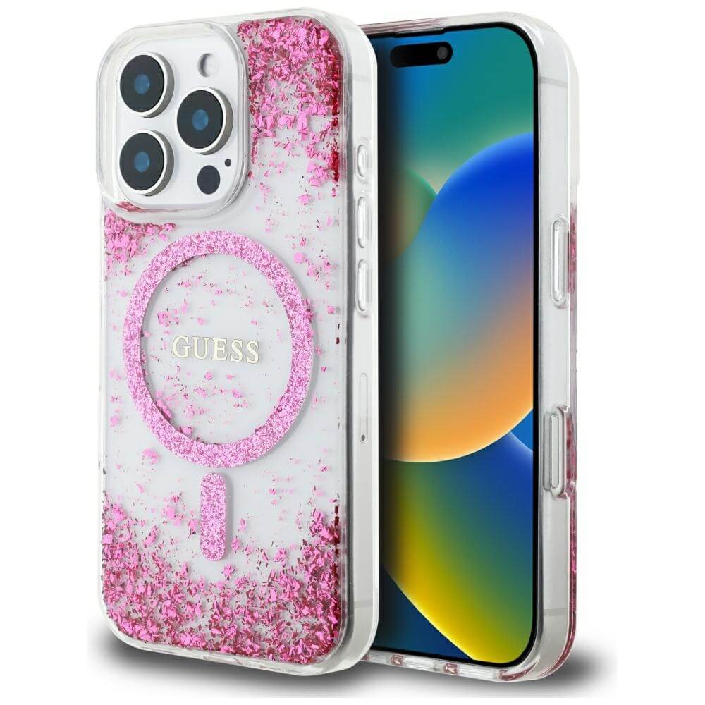 Guess iPhone 16 Pro - HC Resin Bottom Glitter - MagSafe Σκληρή Θήκη με Πλαίσιο Σιλικόνης - Pink - GUHMP16LRGRGEP