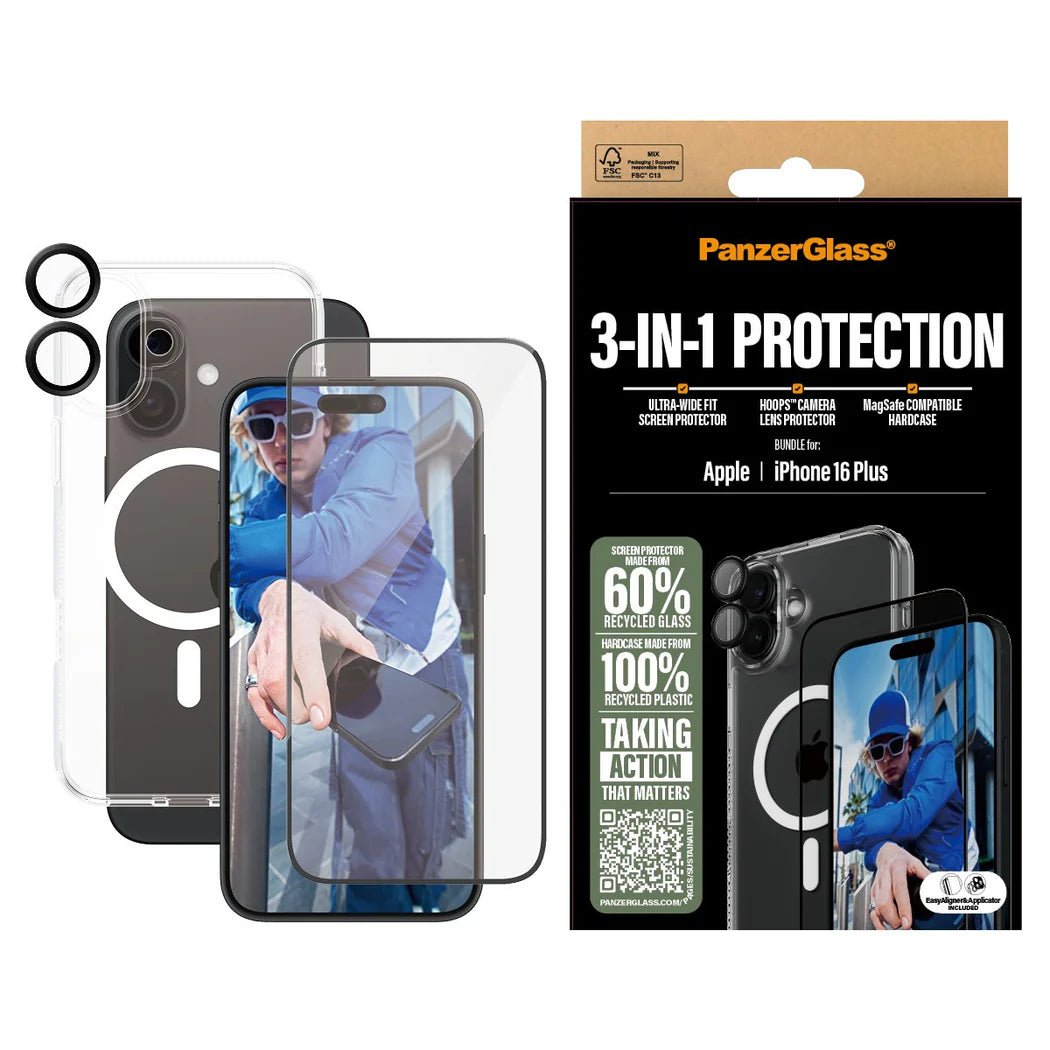PanzerGlass iPhone 16 Plus - Σετ με 1 Αντιχαρακτικό Γυαλί Οθόνης Ultra - Wide Fit, 1 Αντιχαρακτικό Γυαλί για την Κάμερα και 1 Σκληρή Θήκη με MagSafe - Διάφανο