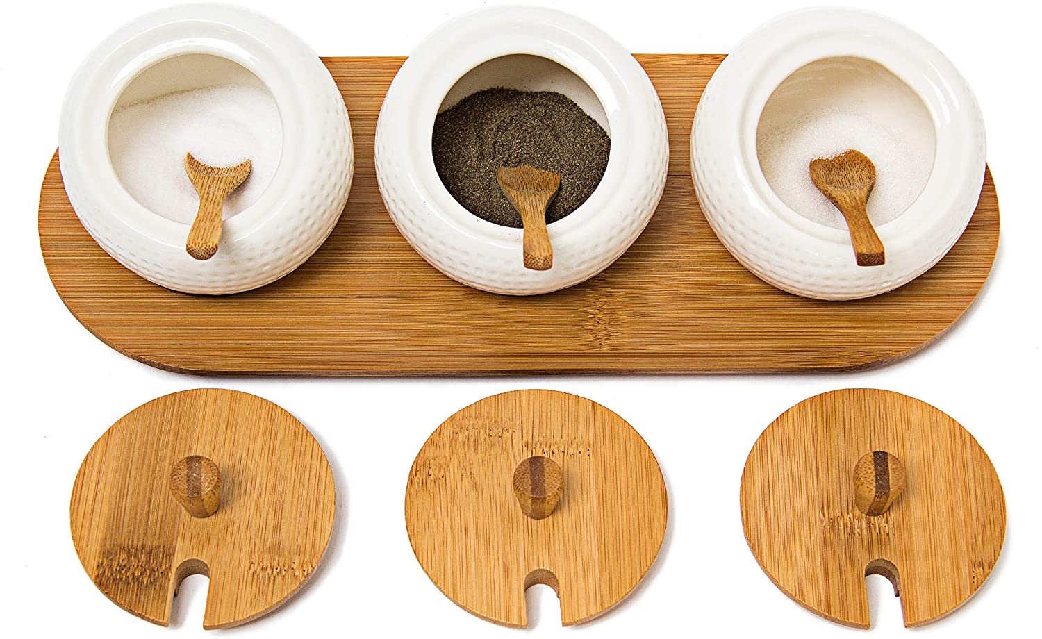Relaxdays Σετ με 3 Κεραμικά Δοχεία Αποθήκευσης JIAO με Βάση και Καπάκια από Μπαμπού - White / Natural - 4052025191337