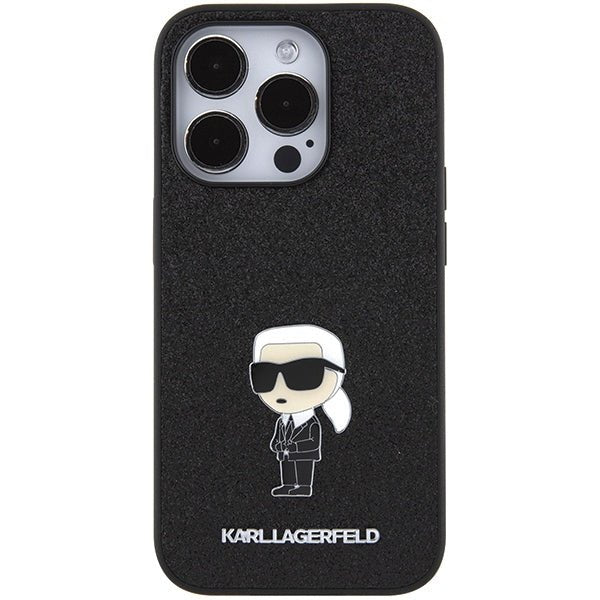 Karl Lagerfeld iPhone 15 Pro - Glitter Ikonik Logo Metal Logo Σκληρή Θήκη με Πλαίσιο Σιλικόνης - Black - KLHCP15LGKNPSK
