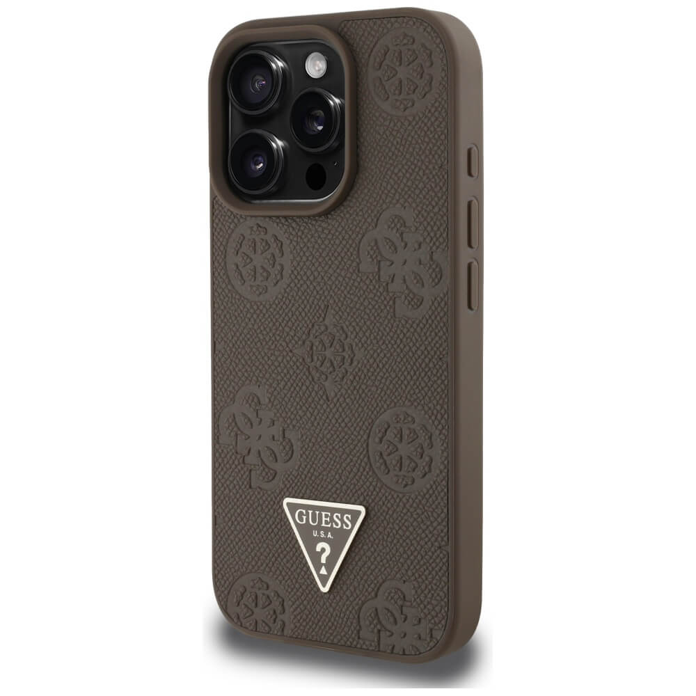 Guess iPhone 16 Pro Max - Grained Hot Stamp Peony Triangle Logo - MagSafe Σκληρή Θήκη με Επένδυση Συνθετικού Δέρματος - Brown - GUHMP16XPGBTMW
