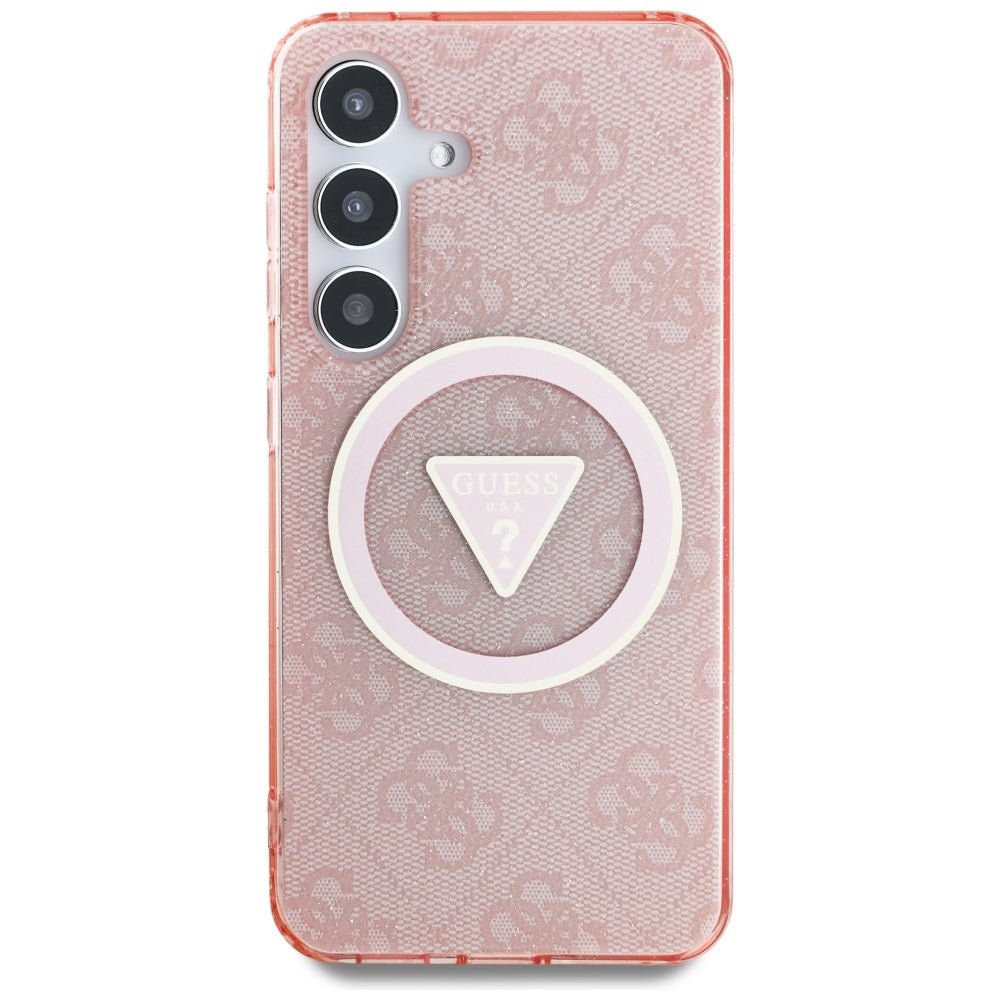 Guess Samsung Galaxy S25 - 4G Glitter Triangle Buttons - MagSafe Σκληρή Θήκη με Πλαίσιο Σιλικόνης - Pink - GUHMS25SHG4PRTGP
