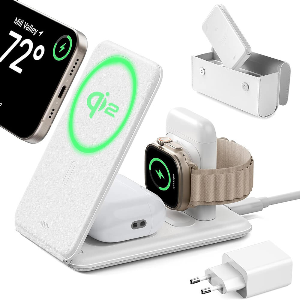 ESR Premium 3in1 Travel Ασύρματος Μαγνητικός Φορτιστής MagSafe 15W με Τσάντα Μεταφοράς - White