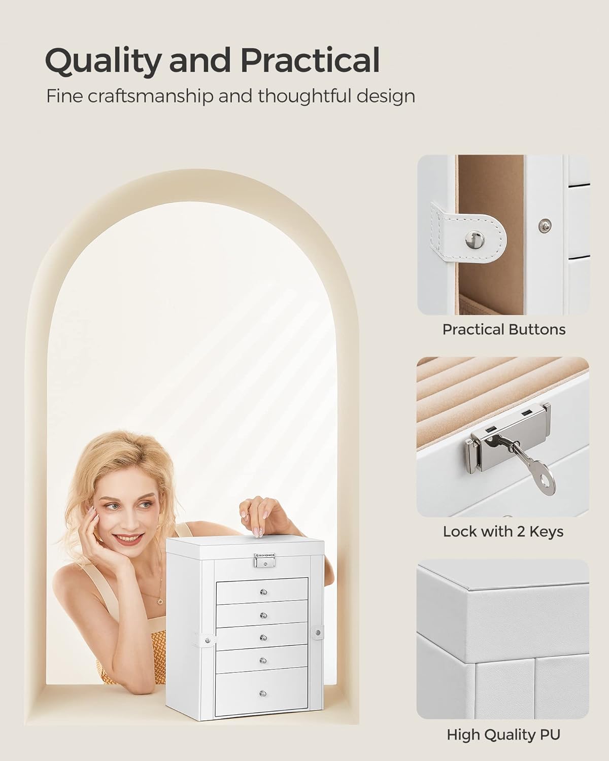 Songmics Κουτί Αποθήκευσης Κοσμημάτων 6 Επιπέδων με Καθρέπτη και Κλειδαριά - White - JBC152W01