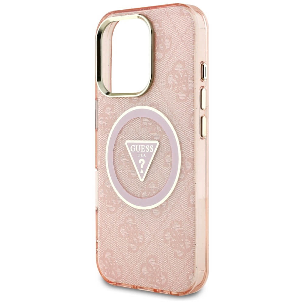 Guess iPhone 16 Pro Max - IML Metal Glitter 4G Circle Triangle MagSafe - Σκληρή Θήκη με Πλαίσιο Σιλικόνης και MagSafe - Pink - GUHMP16XHG4PRTGP