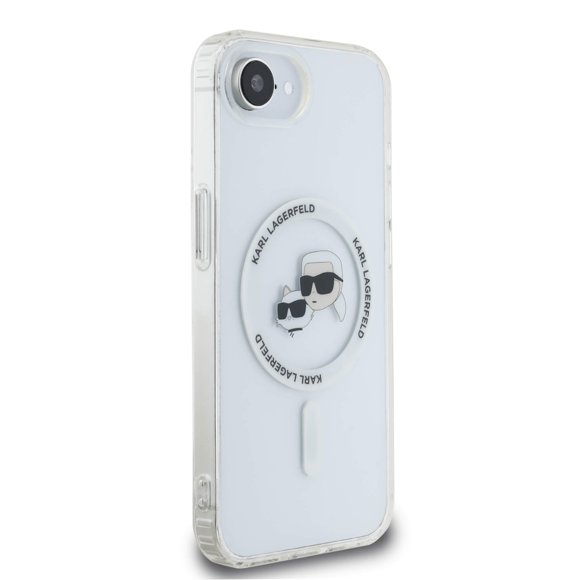 Karl Lagerfeld iPhone 16e - IML Metal Karl and Choupette Heads - MagSafe Σκληρή Θήκη με Πλαίσιο Σιλικόνης - White - KLHMPSE4HLSKCH