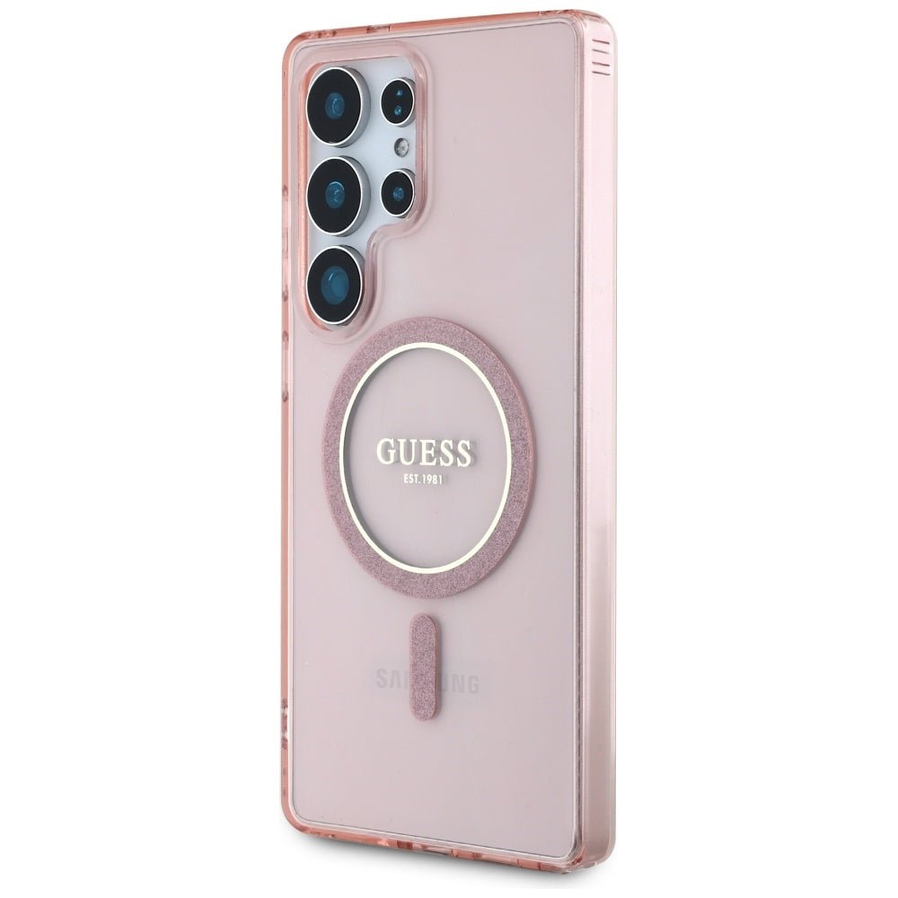 Guess Samsung Galaxy S25 Ultra - Glitter Circle Classic Logo - MagSafe Σκληρή Θήκη με Πλαίσιο Σιλικόνης - Pink - GUHMS25LHFGEREP