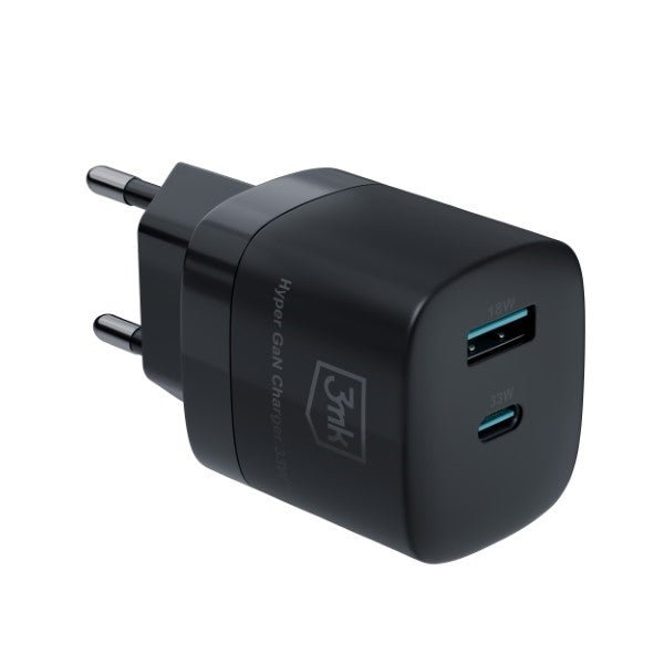 3MK Hyper GaN 33W Οικιακός Φορτιστής Γρήγορης Φόρτισης με 1 Θύρα Type - C και 1 Θύρα USB - Black