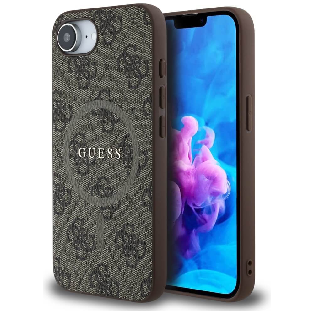 Guess iPhone 16e - 4G Ring Classic Logo - MagSafe Θήκη με Επένδυση Συνθετικού Δέρματος - Brown - GUHMPSE4G4GFRW