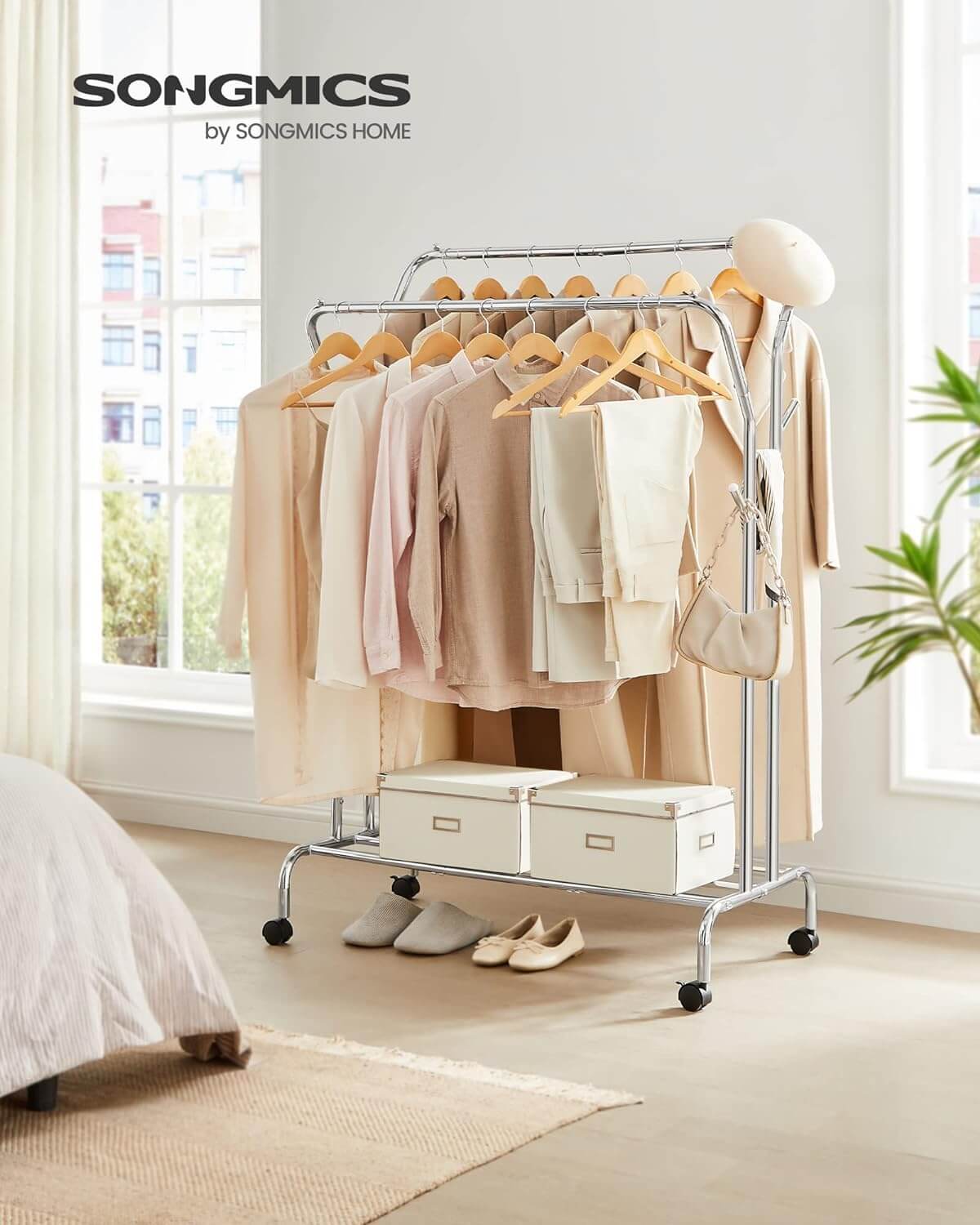 Songmics Τροχήλατη Κρεμάστρα Pούχων με 2 Pάγες και Ράφι - Ράγα Ρούχων - 52.5 x 103.5 x 155 cm - Silver - HSR107E01V2