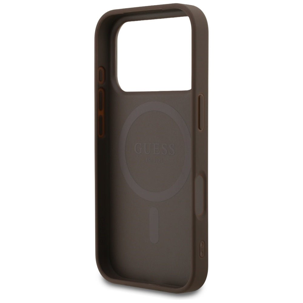 Guess iPhone 17 Pro - 4G Ring Classic Logo MagSafe - Σκληρή Θήκη με Πλαίσιο Σιλικόνης και Επένδυση Συνθετικού Δέρματος - Brown - GUHMP17LG4GFRW