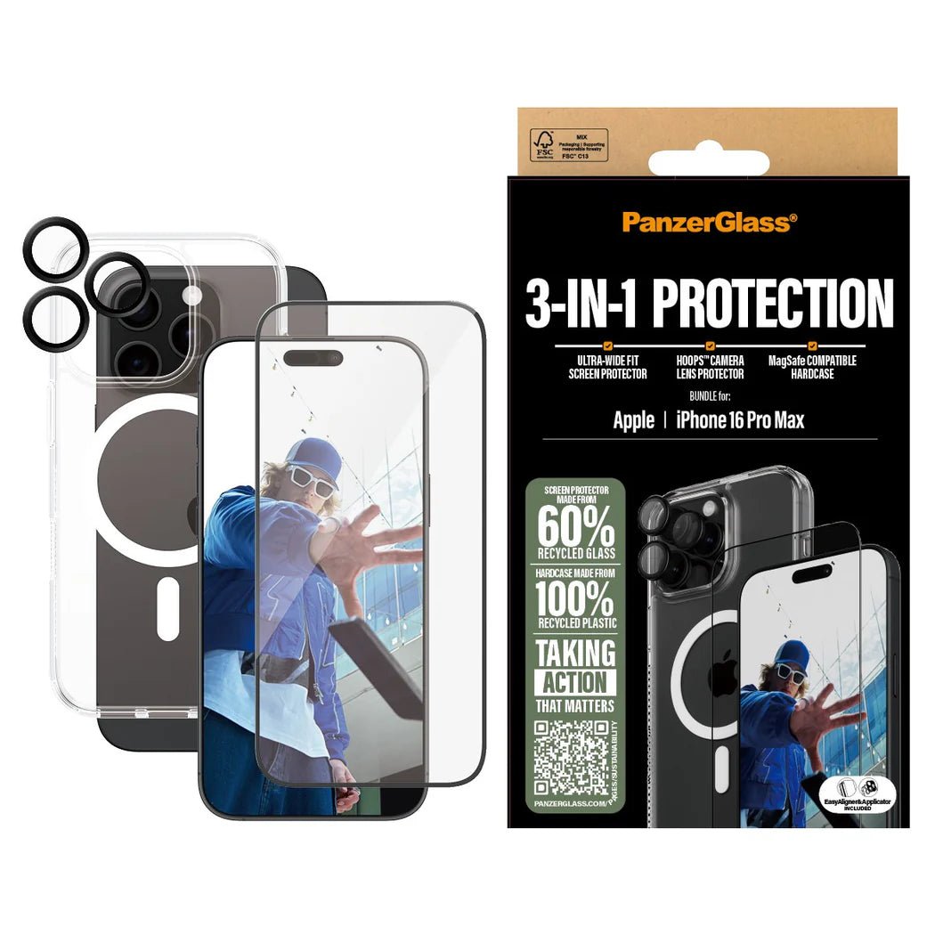PanzerGlass iPhone 16 Pro Max - Σετ με 1 Αντιχαρακτικό Γυαλί Οθόνης Ultra - Wide Fit, 1 Αντιχαρακτικό Γυαλί για την Κάμερα και 1 Σκληρή Θήκη με MagSafe - Διάφανο