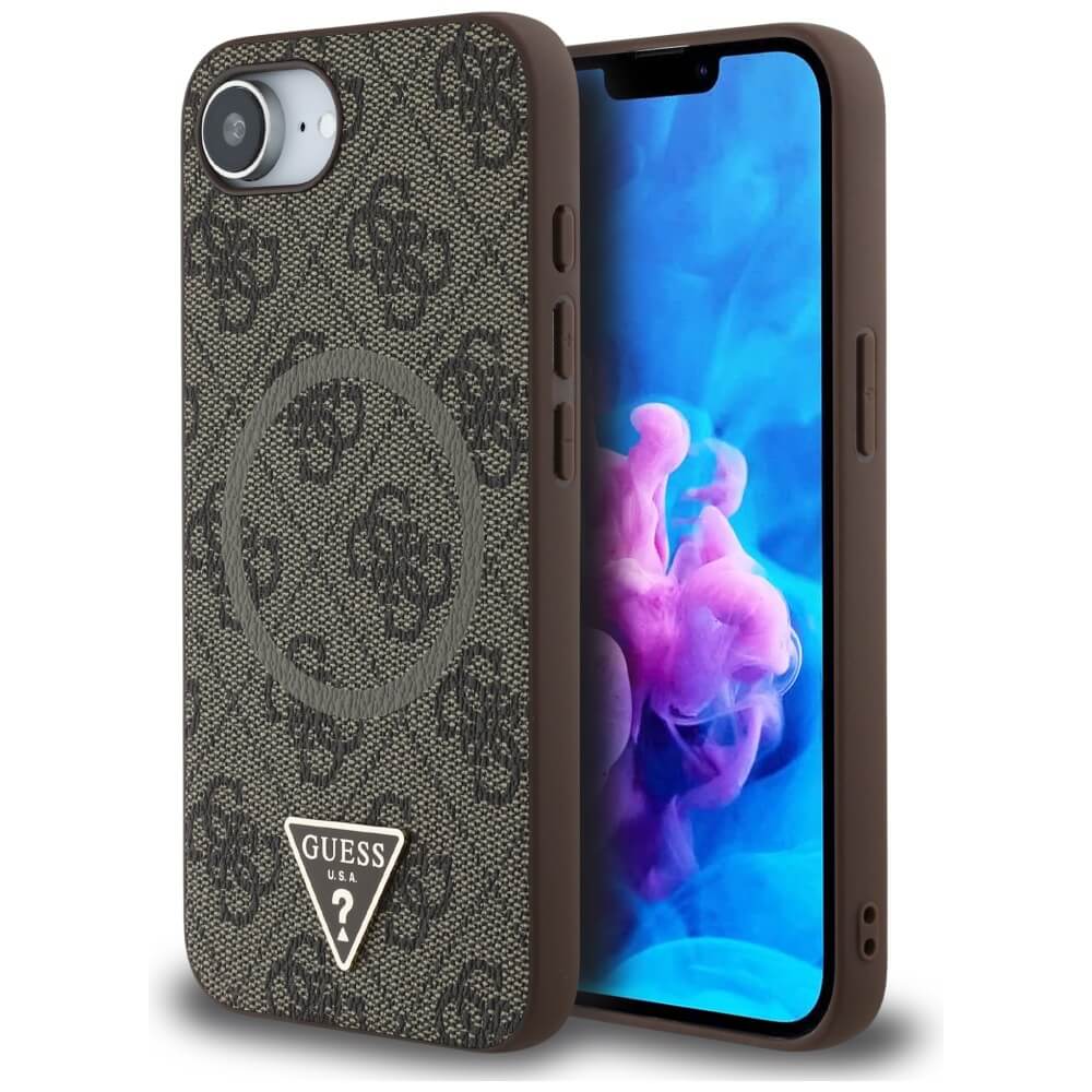 Guess iPhone 16e - 4G Ring Triangle Logo - MagSafe Θήκη με Επένδυση Συνθετικού Δέρματος - Brown - GUHMPSE4P4TDPW