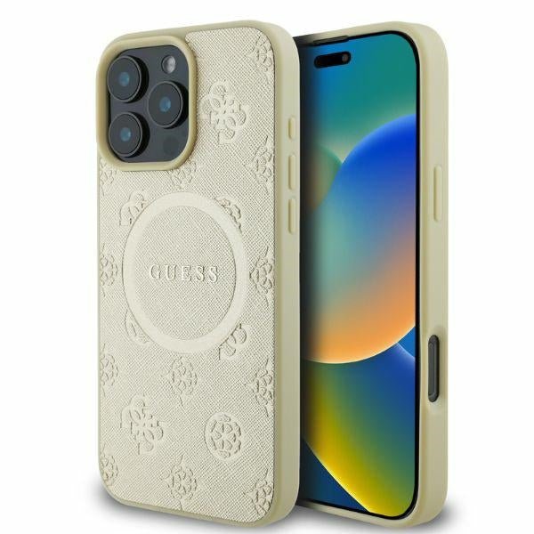 Guess iPhone 16 Pro - Saffiano Peony Classic Logo - MagSafe Σκληρή Θήκη με Πλαίσιο Σιλικόνης και Συνθετικό Δέρμα - Gold - GUHMP16LPSAPSMED