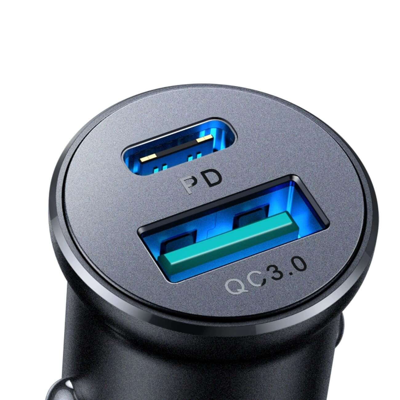 Joyroom Mini Metal Φορτιστής Αυτοκινήτου Γρήγορης Φόρτισης με 1 Θύρα USB και 1 Θύρα Type - C PD 30W QC 3.0 - Black - JR - CCN05