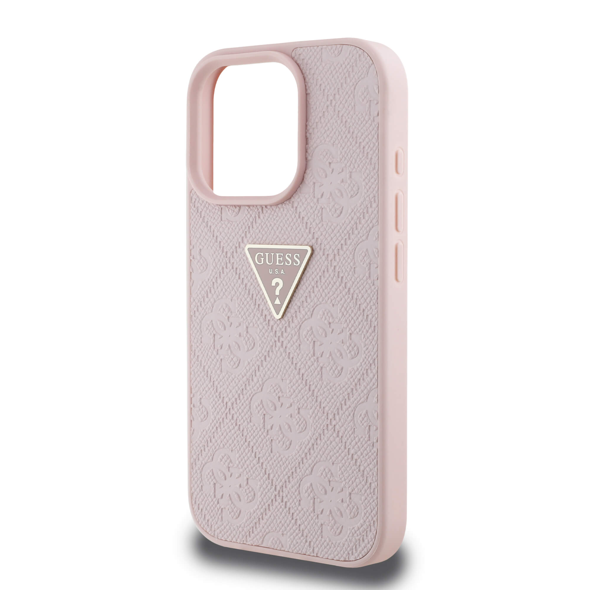 Guess iPhone 16 Pro Max - Hot Stamp 4G Pattern Triangle Metal Logo - Σκληρή Θήκη με Επένδυση Συνθετικού Δέρματος και Πλαίσιο Σιλικόνης - Pink - GUHCP16XPGP4STRP