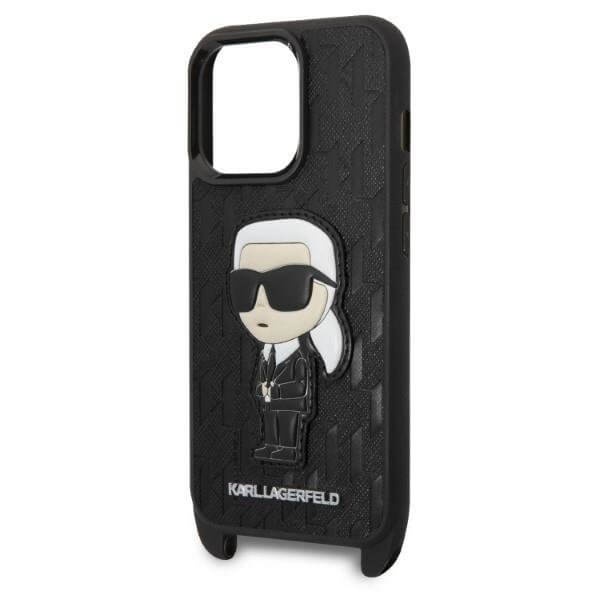 Karl Lagerfeld iPhone 14 Pro - Monogram Ikonik Patch Σκληρή Θήκη με Λουράκι - Black - KLHCP14LSTKMK