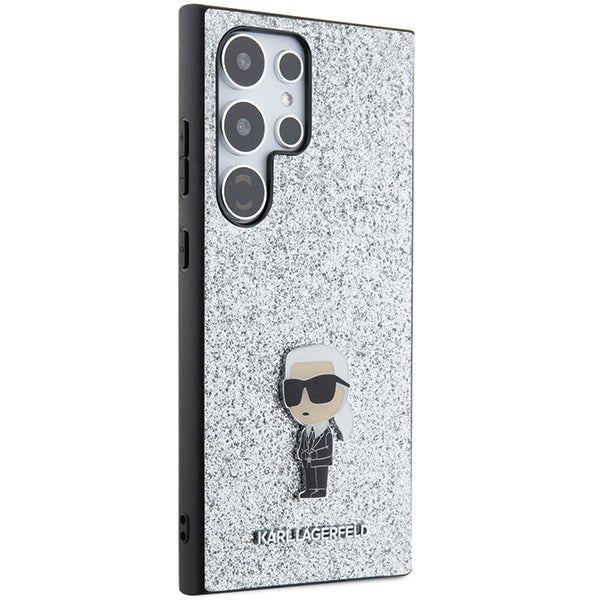 Karl Lagerfeld Samsung Galaxy S24 Ultra - Fixed Glitter Ikonik Logo Metal Pin - Σκληρή Θήκη με Πλαίσιο Σιλικόνης - Silver - KLHCS24LGCNPSG